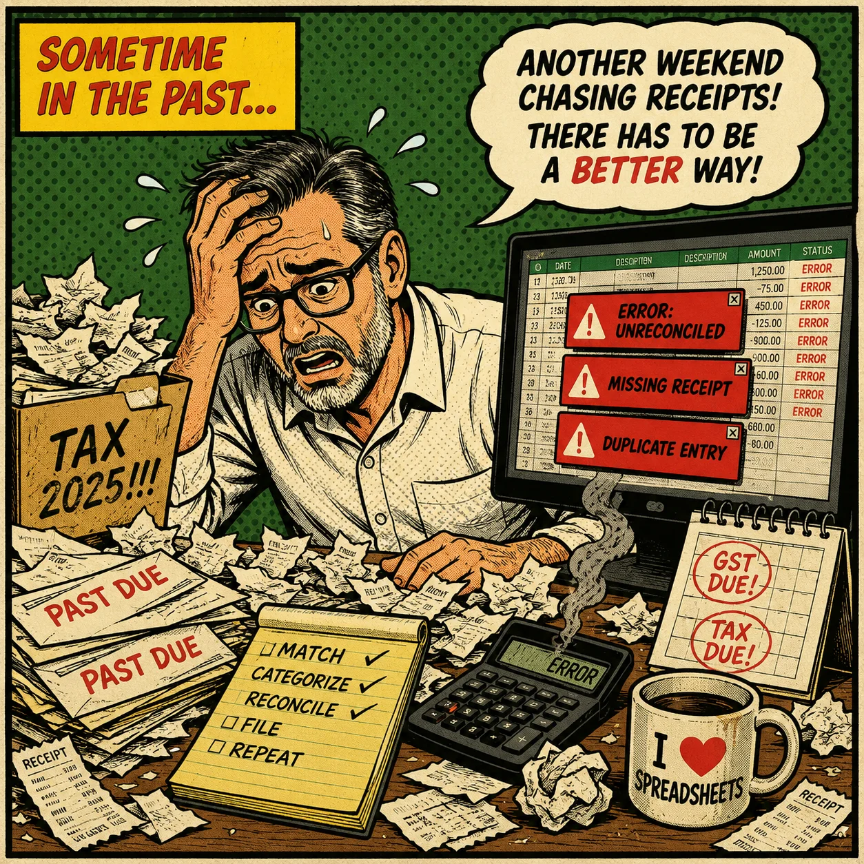 Sometime in the past — PapaRob at a chaotic desk buried in receipts and tax forms. Speech bubble: Another weekend chasing receipts! There has to be a better way!