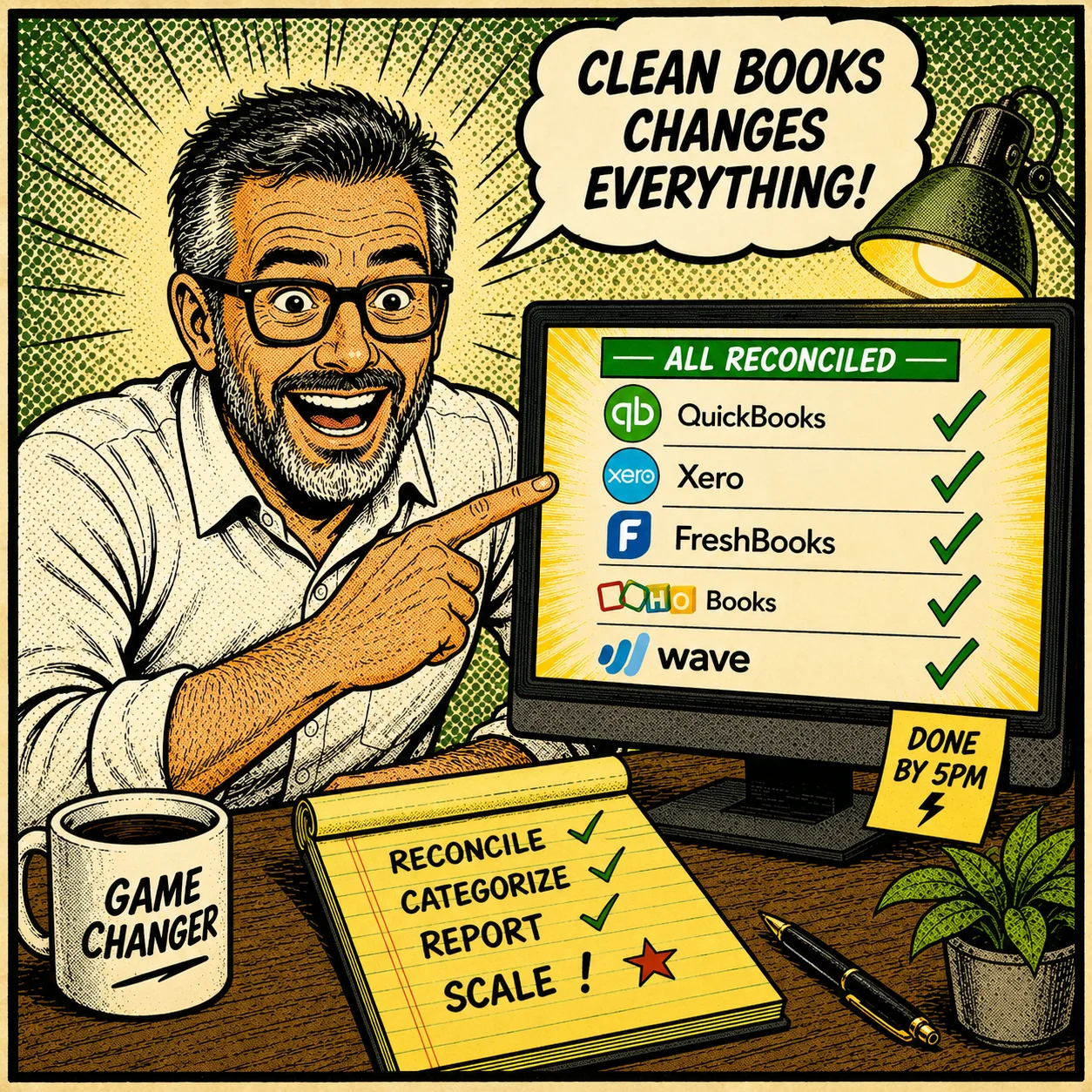 PapaRob points at QuickBooks and Xero on screen — Clean books changes everything!