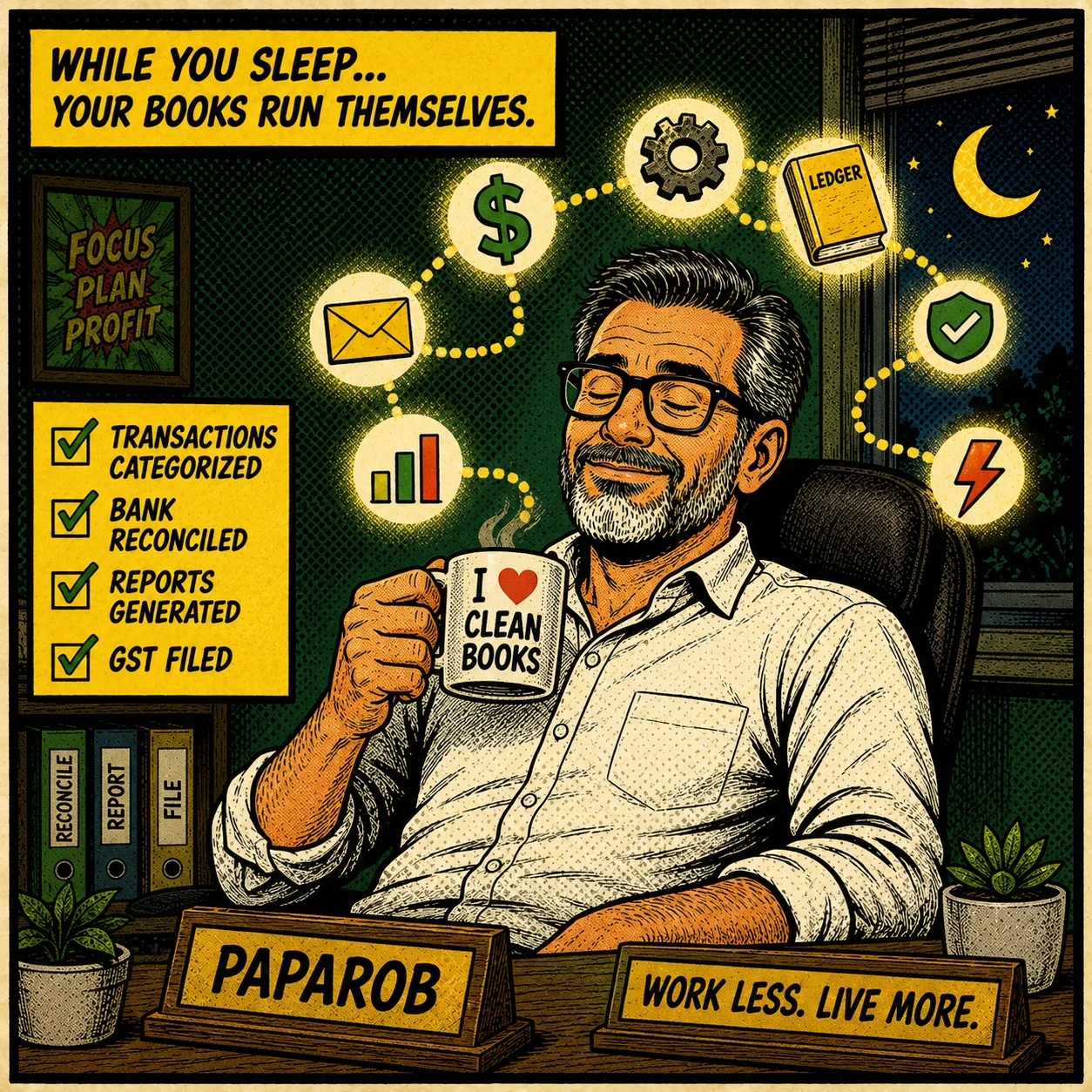 PapaRob relaxed with coffee — While you sleep, your books run themselves. Transactions categorized, bank reconciled, reports generated, GST filed.