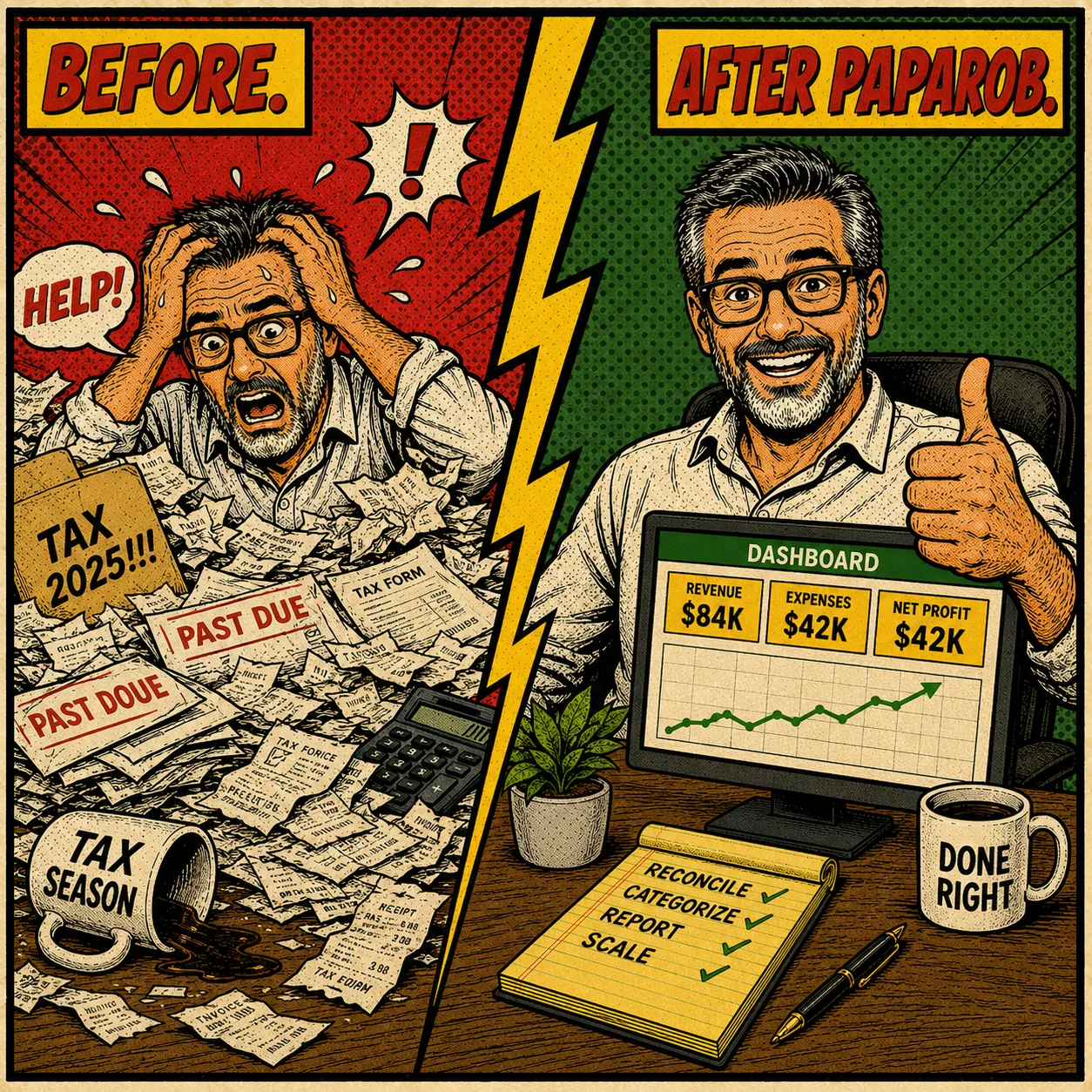 Before PapaRobBooks: drowning in receipts. After PapaRobBooks: clean dashboard, profit, calm.